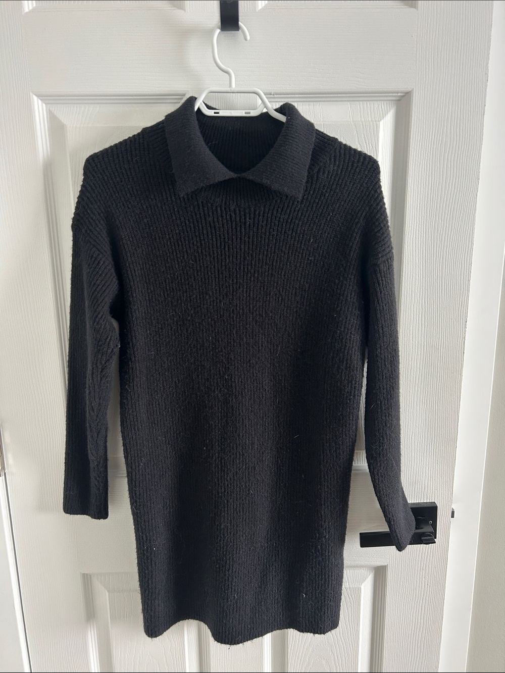 Molly Bracken Black Collared V-Neck Ribbed Sweater Dress
